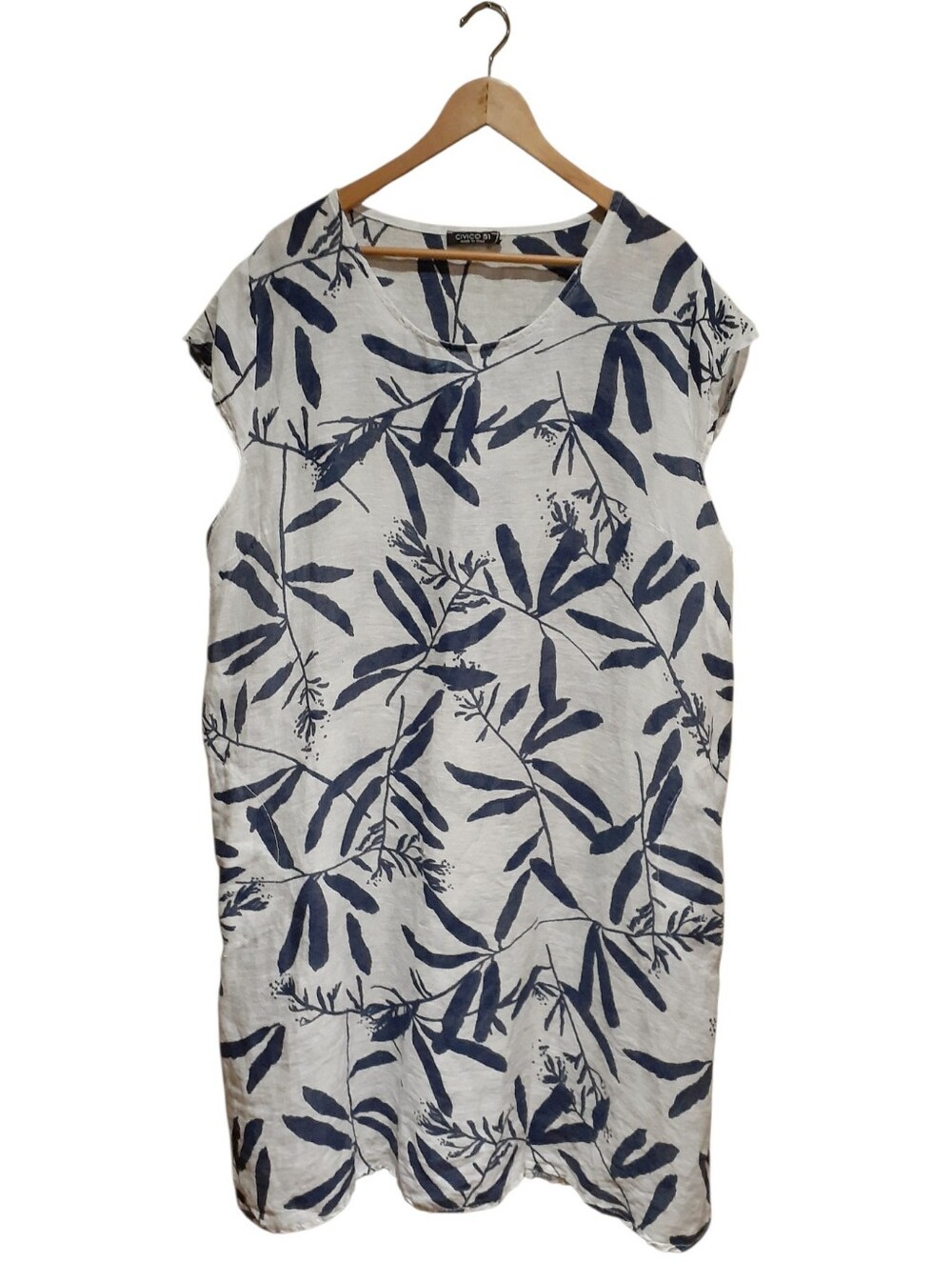 Civico 51 Women's Summer Dress White Blue Print Made In Italy 100% Linen